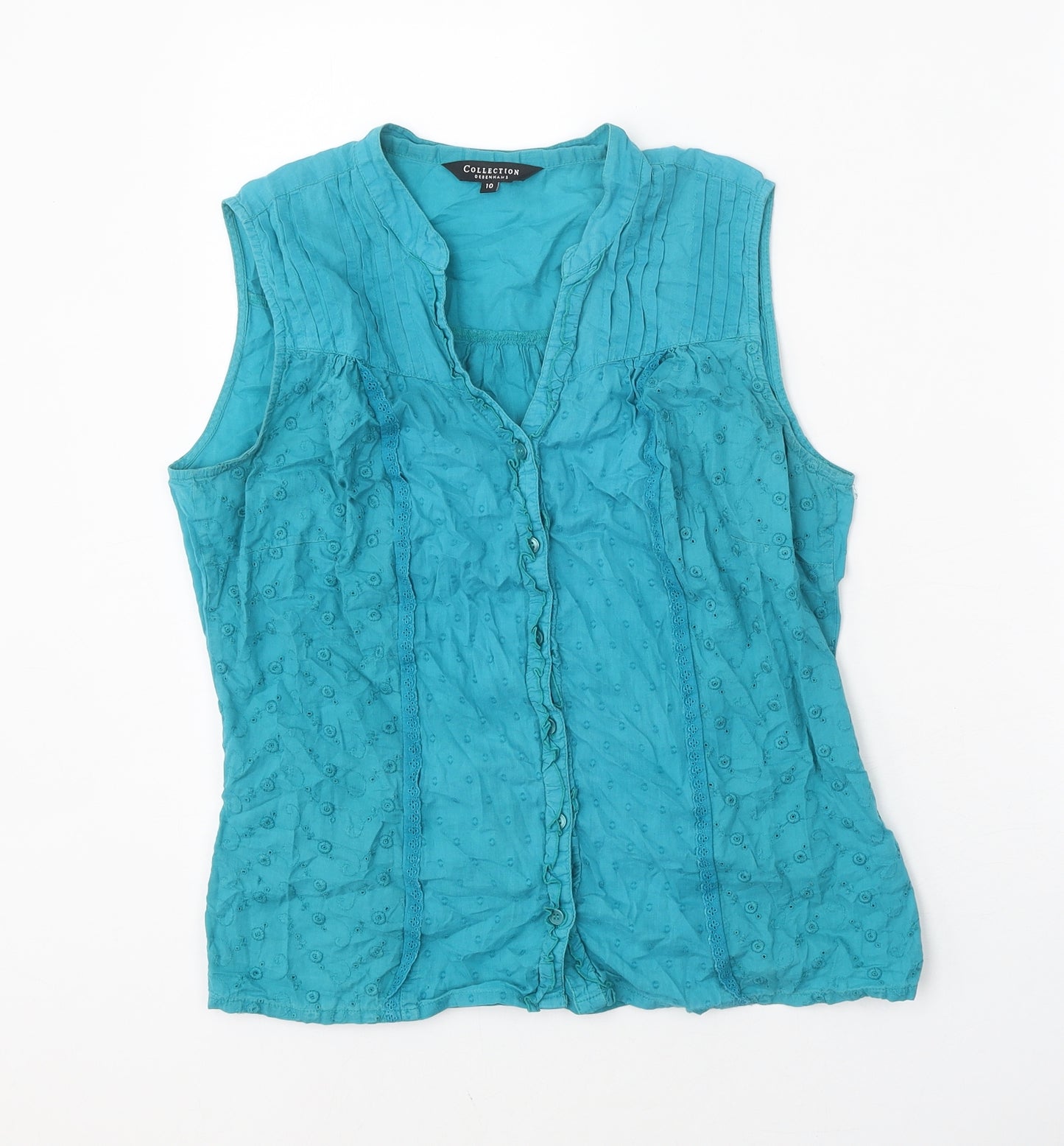 Debenhams Womens Blue 100% Cotton Basic Tank Size 10 V-Neck - Broderie Anglaise