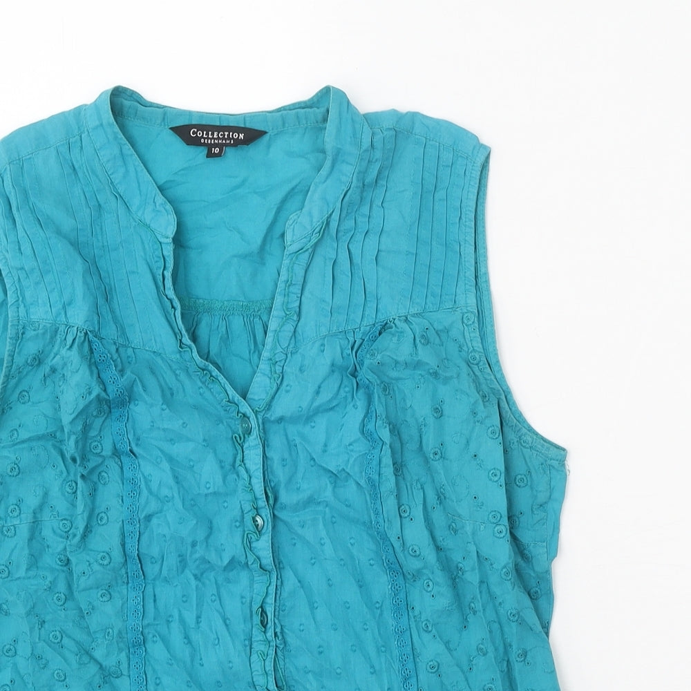 Debenhams Womens Blue 100% Cotton Basic Tank Size 10 V-Neck - Broderie Anglaise