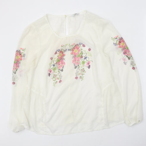 George Womens White Floral Polyester Basic Blouse Size 14 Scoop Neck