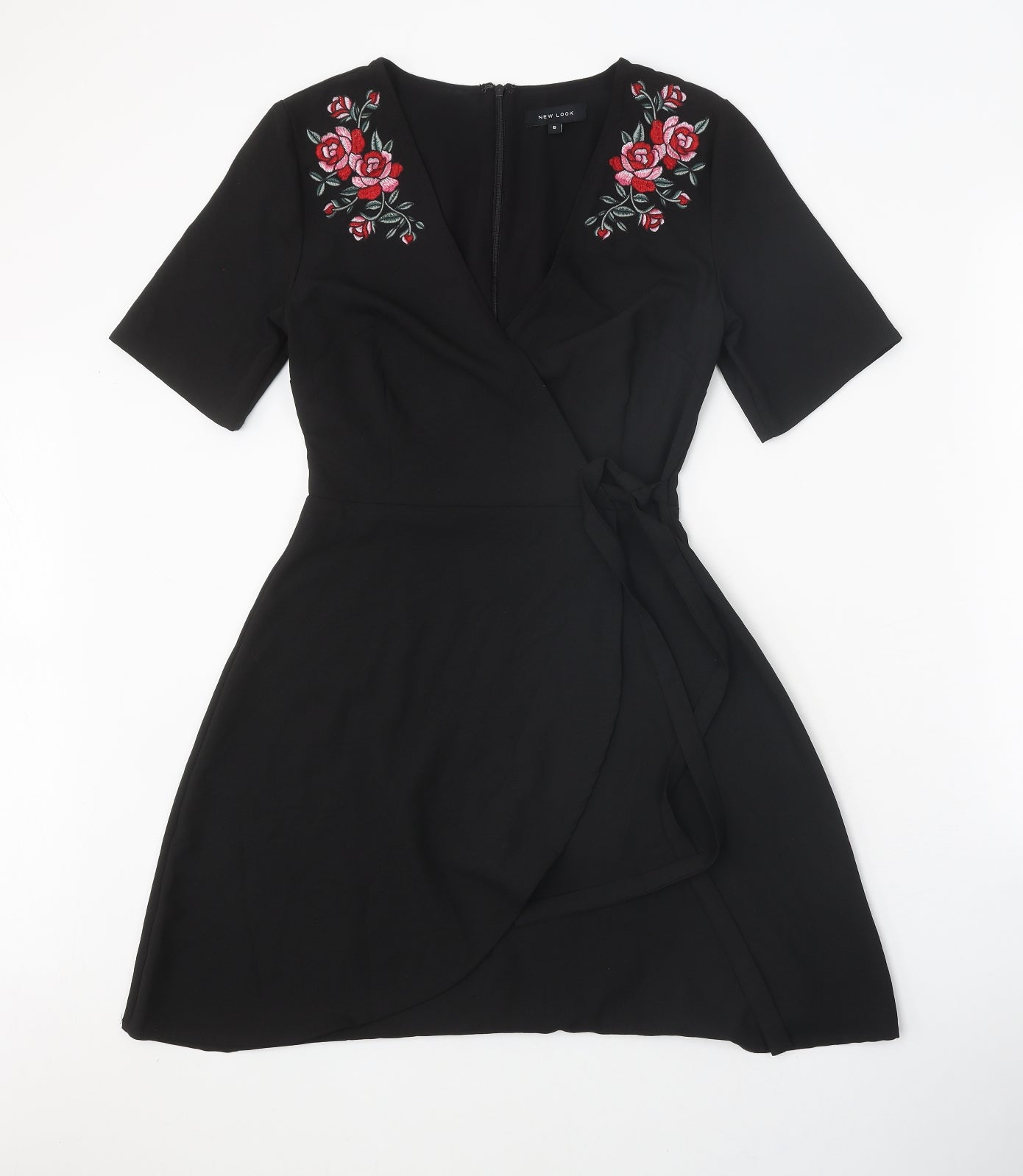 New Look Womens Black Floral Polyester Wrap Dress Size 6 V-Neck Zip