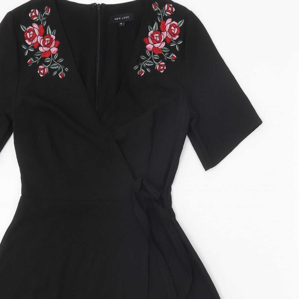 New Look Womens Black Floral Polyester Wrap Dress Size 6 V-Neck Zip
