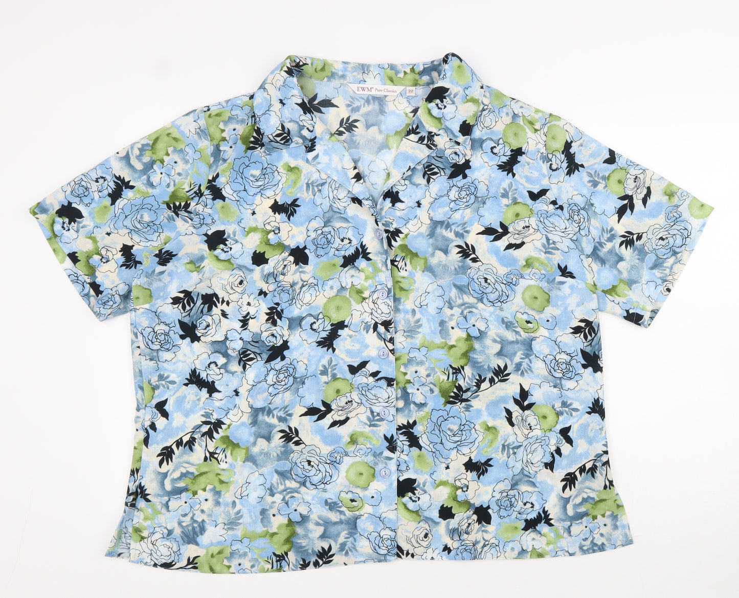 EWM Womens Blue Floral Polyester Basic Button-Up Size 22 Collared