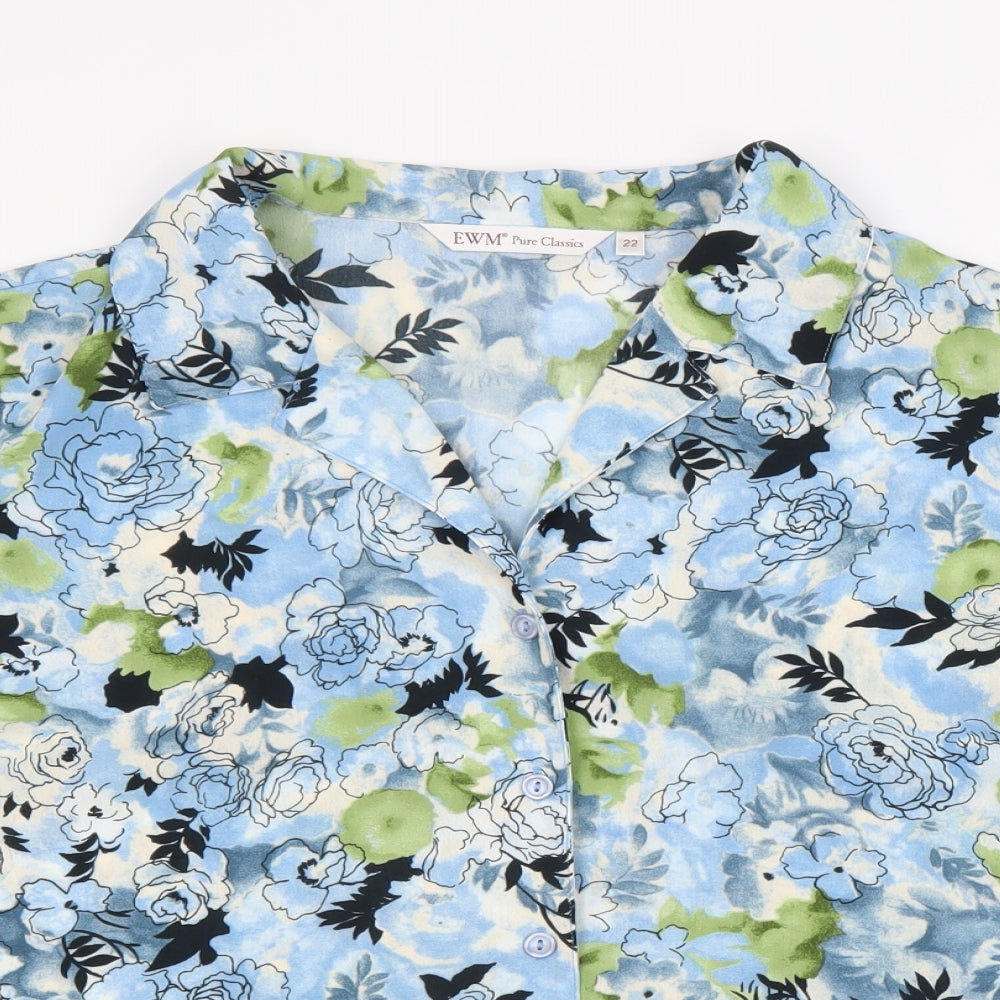 EWM Womens Blue Floral Polyester Basic Button-Up Size 22 Collared