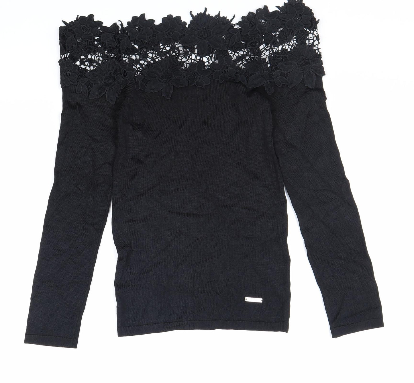 Lipsy Womens Black Viscose Basic T-Shirt Size 8 Off the Shoulder - Lace Detail