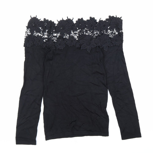 Lipsy Womens Black Viscose Basic T-Shirt Size 8 Off the Shoulder - Lace Detail