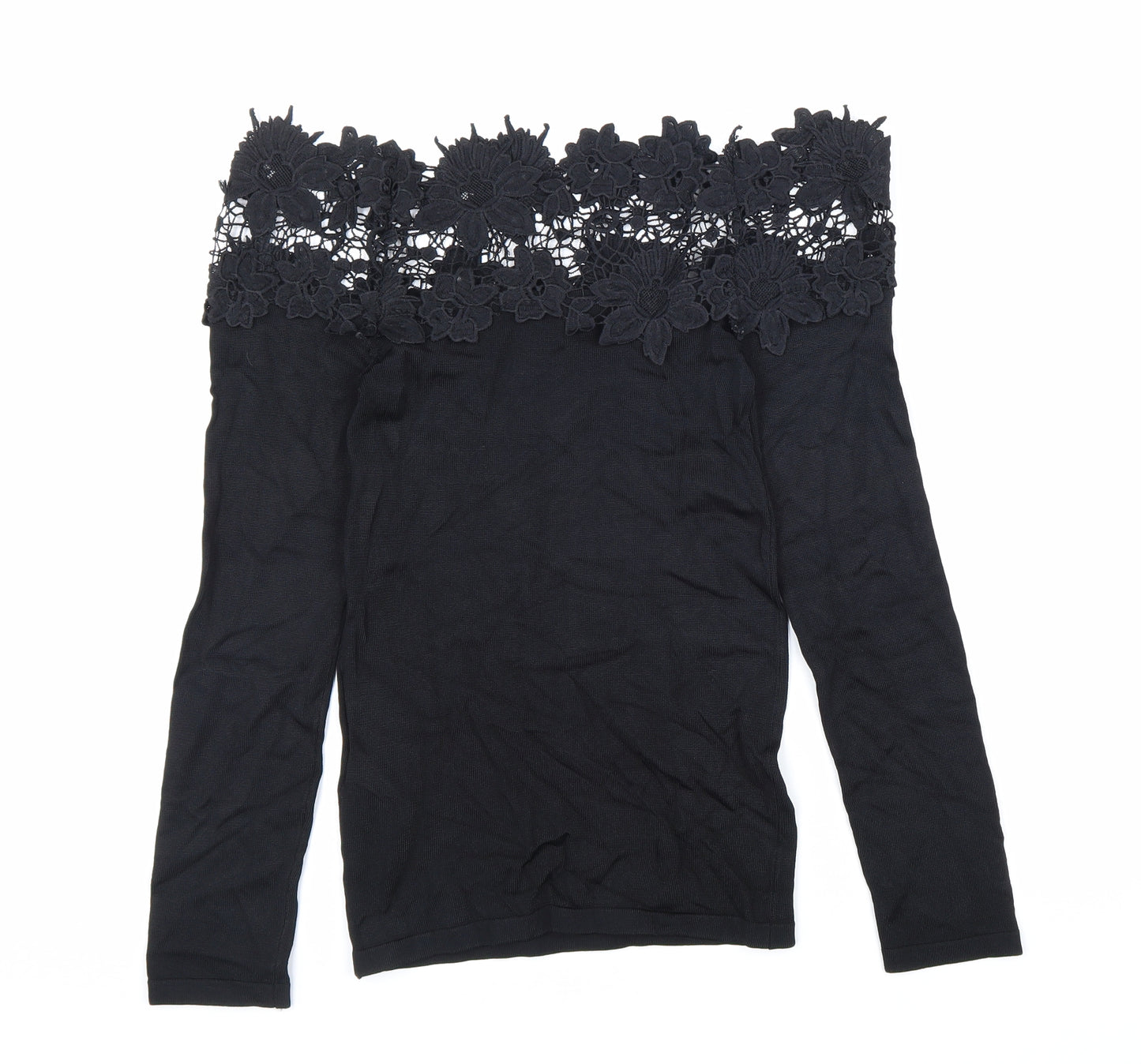 Lipsy Womens Black Viscose Basic T-Shirt Size 8 Off the Shoulder - Lace Detail