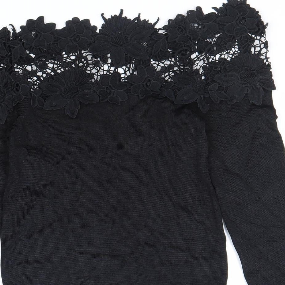 Lipsy Womens Black Viscose Basic T-Shirt Size 8 Off the Shoulder - Lace Detail