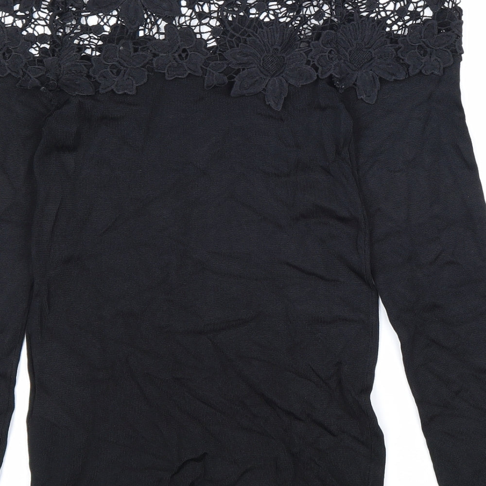 Lipsy Womens Black Viscose Basic T-Shirt Size 8 Off the Shoulder - Lace Detail