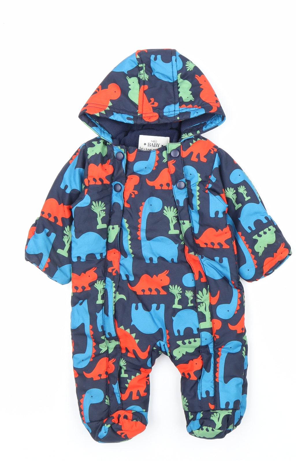 Marks and Spencer Boys Multicoloured Quilted Snowsuit Size 0-3 Months Zip - Dinosaur