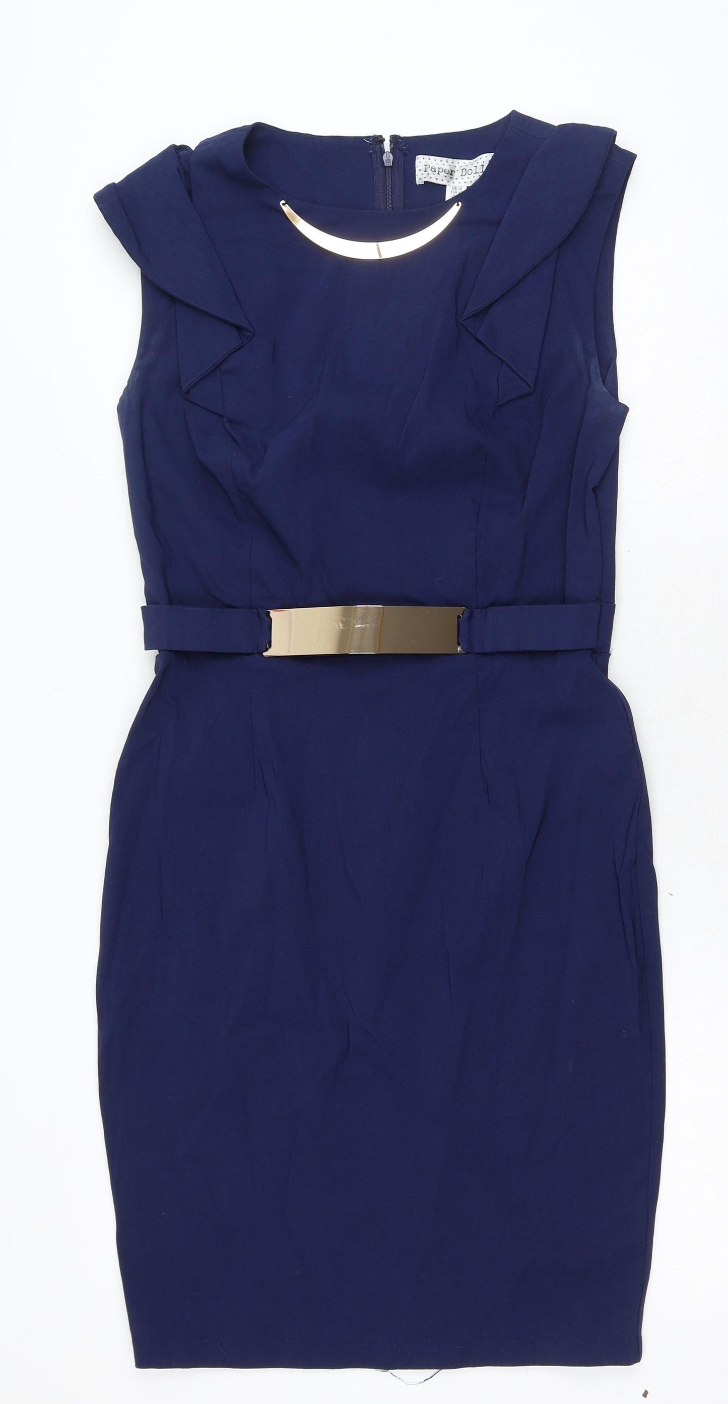 Paper Dolls Womens Blue Viscose Pencil Dress Size 14 Round Neck Zip