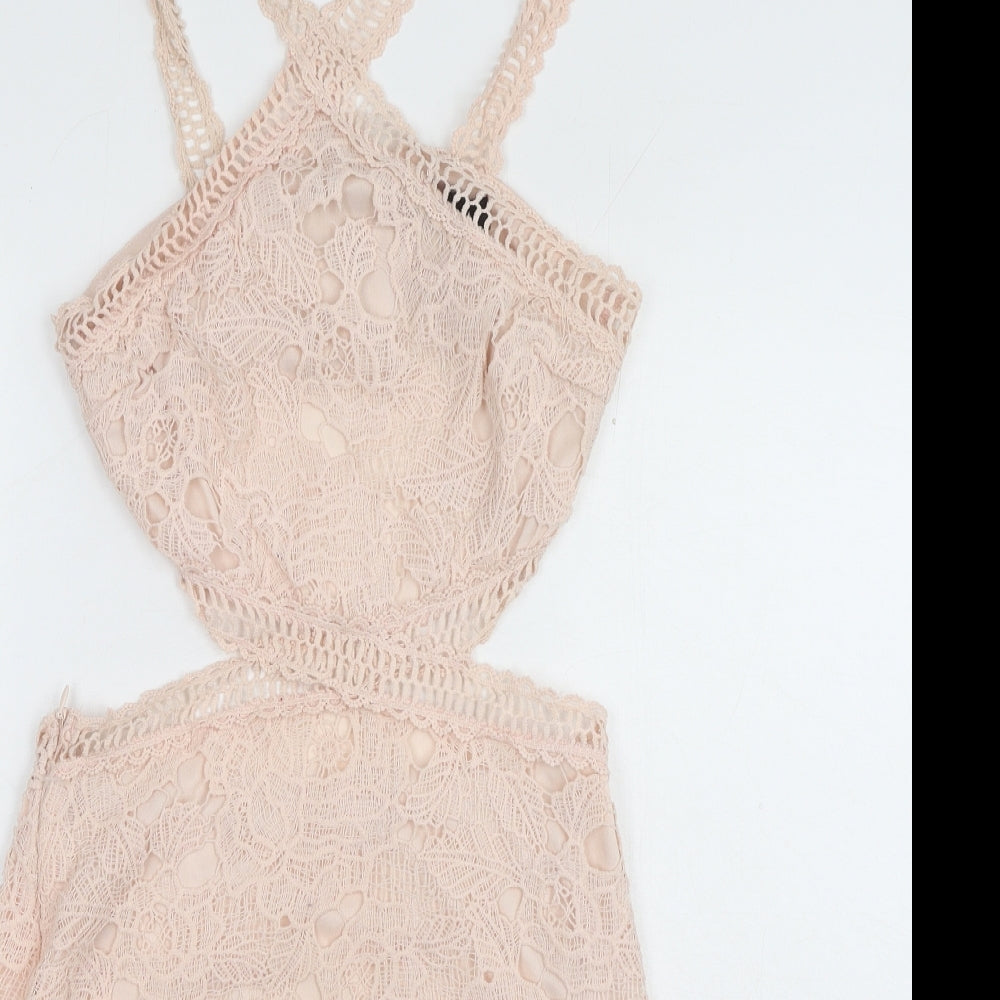 Missguided Womens Pink Floral Polyester Mini Size 8 V-Neck Zip