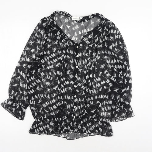 NEXT Womens Black Geometric Polyester Basic Button-Up Size 10 V-Neck - Bird Pattern
