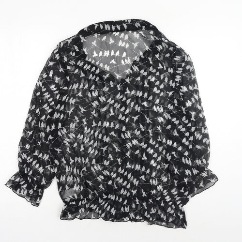 NEXT Womens Black Geometric Polyester Basic Button-Up Size 10 V-Neck - Bird Pattern