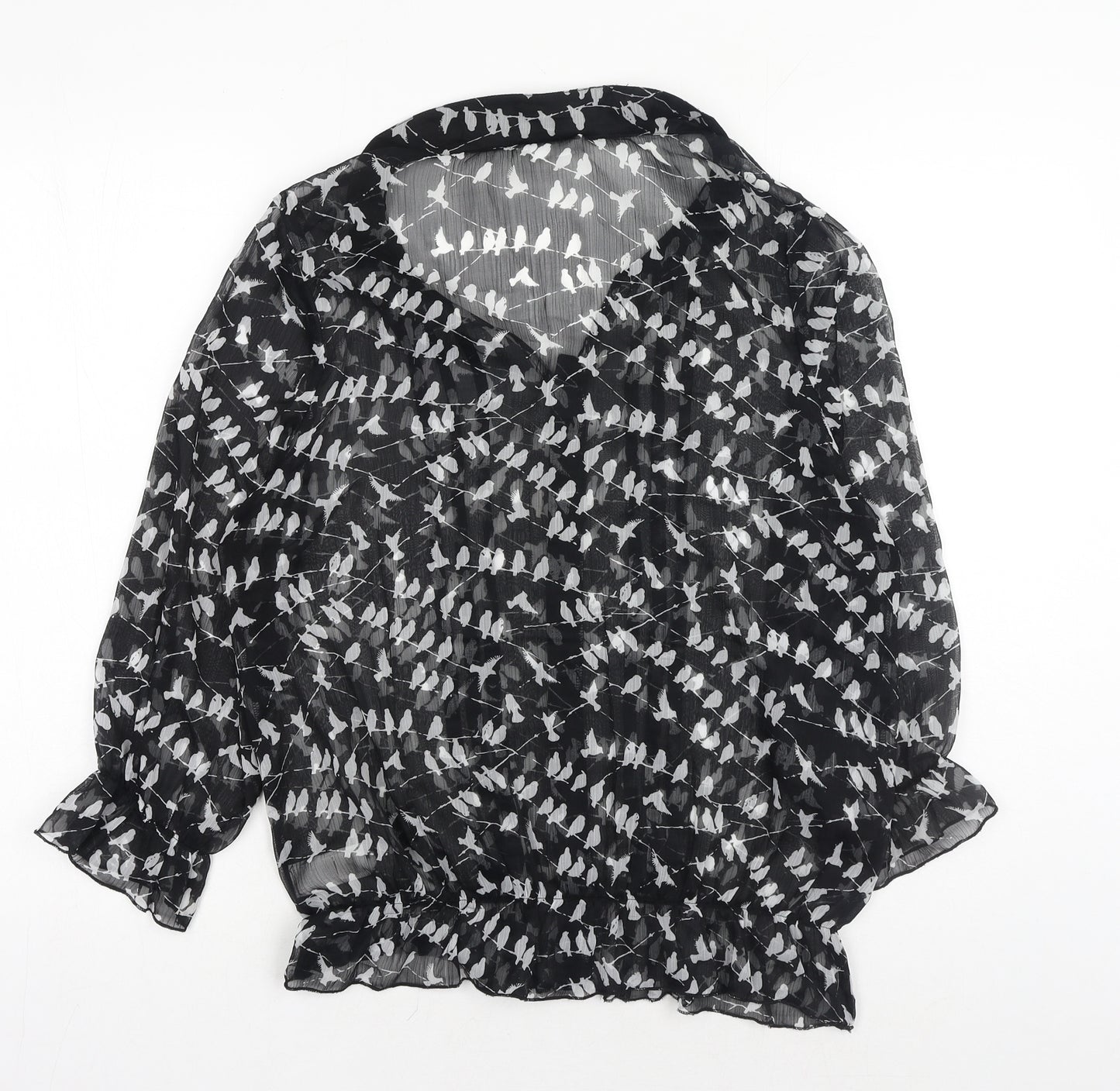 NEXT Womens Black Geometric Polyester Basic Button-Up Size 10 V-Neck - Bird Pattern