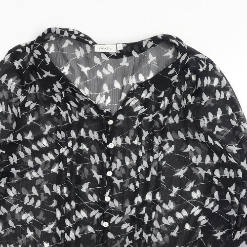 NEXT Womens Black Geometric Polyester Basic Button-Up Size 10 V-Neck - Bird Pattern