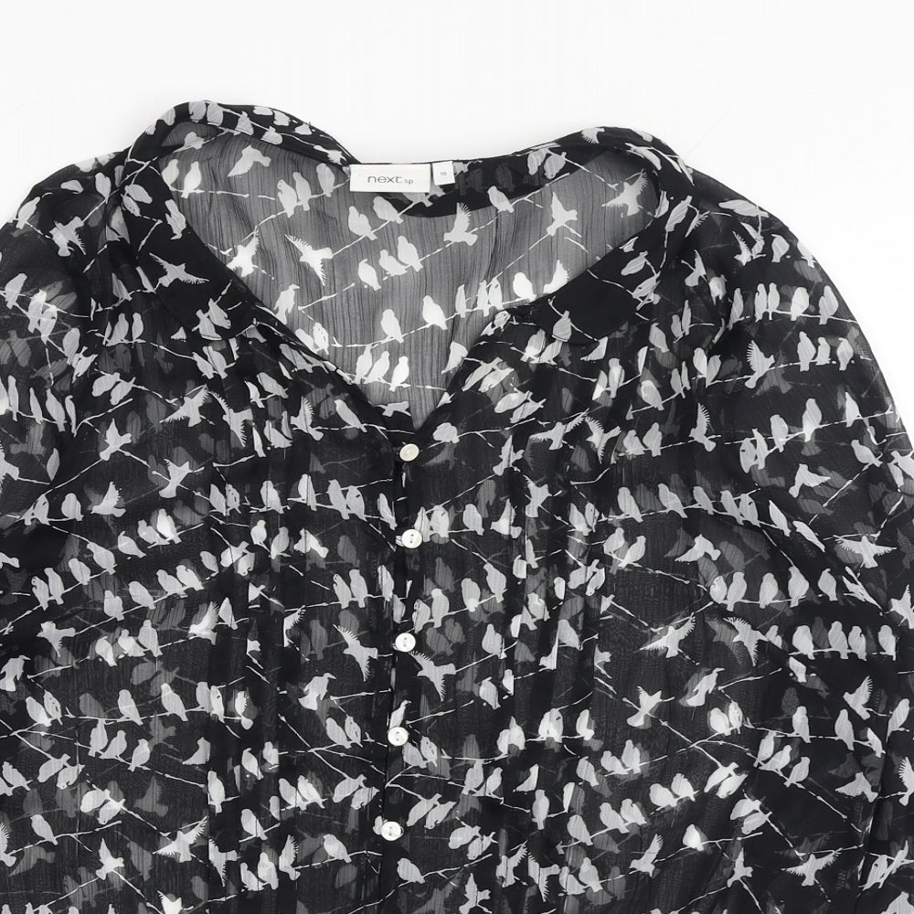 NEXT Womens Black Geometric Polyester Basic Button-Up Size 10 V-Neck - Bird Pattern