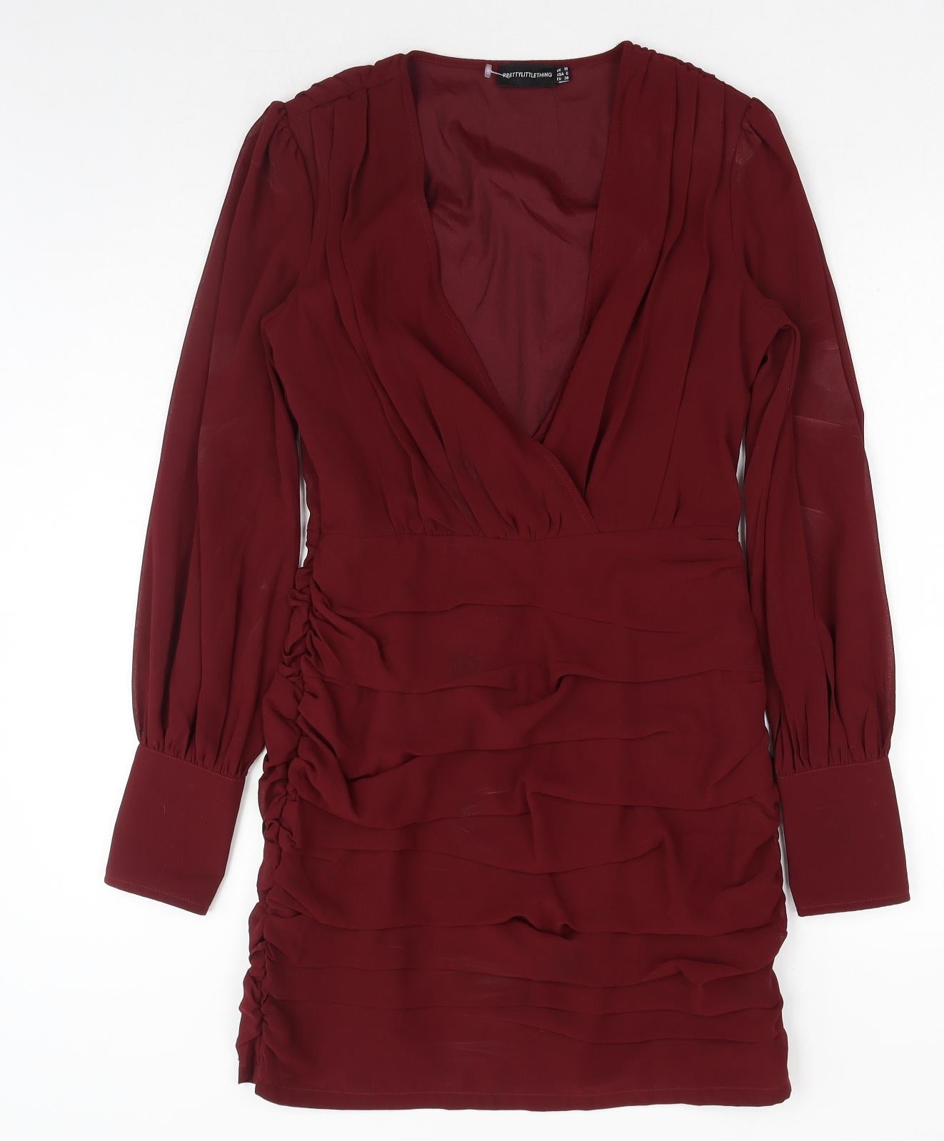 PRETTYLITTLETHING Womens Red Polyester Bodycon Size 10 V-Neck Zip