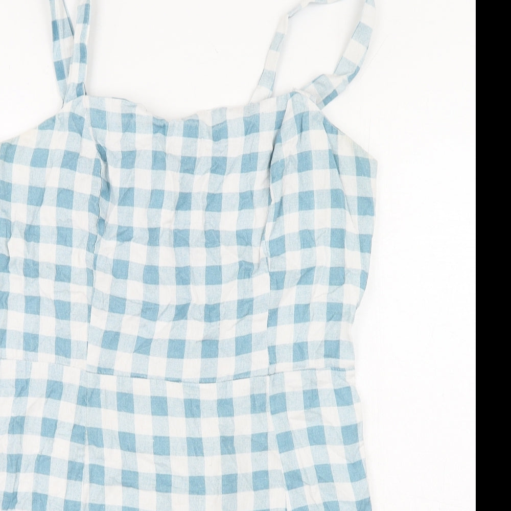 Primark Womens Blue Gingham Cotton Mini Size 18 Square Neck Zip