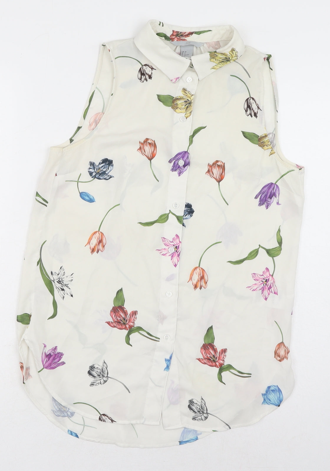 H&M Womens White Geometric Polyester Basic Button-Up Size 8 Collared