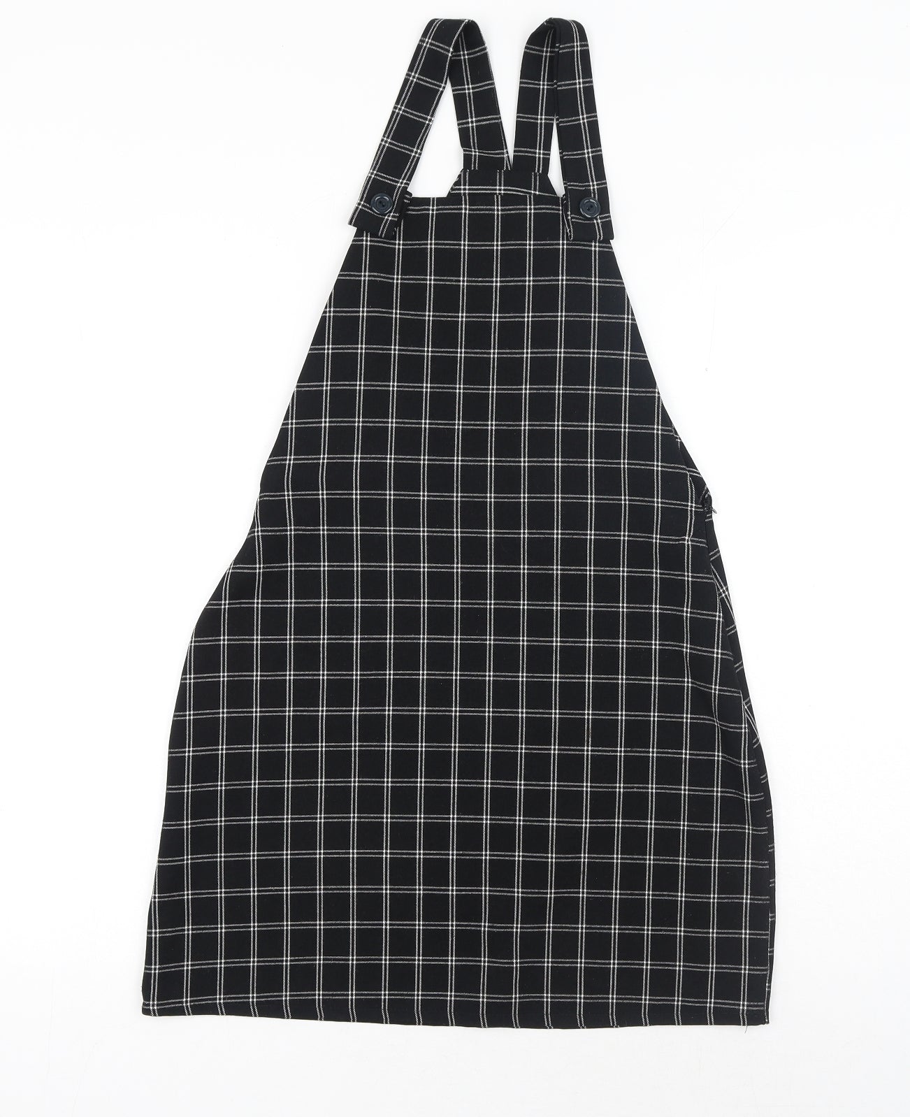 Boohoo Womens Black Plaid Polyester Pinafore/Dungaree Dress Size 10 Square Neck Button