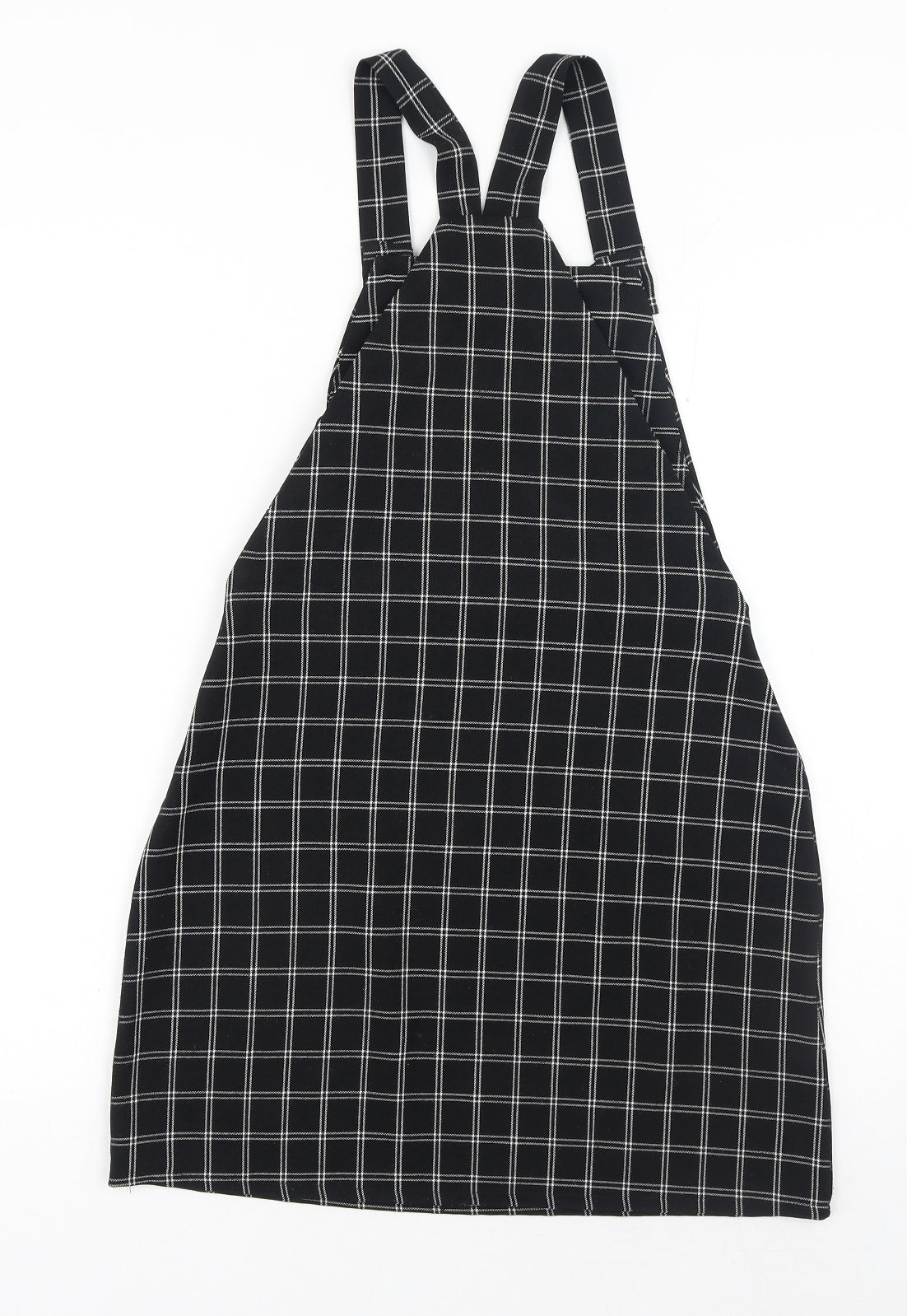 Boohoo Womens Black Plaid Polyester Pinafore/Dungaree Dress Size 10 Square Neck Button