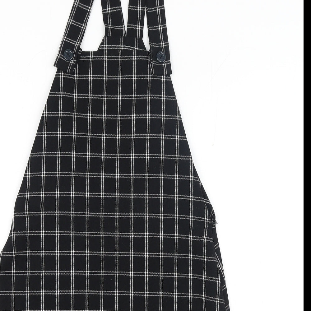 Boohoo Womens Black Plaid Polyester Pinafore/Dungaree Dress Size 10 Square Neck Button