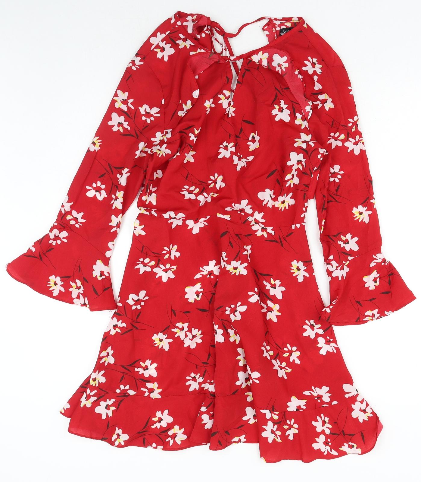 Boohoo Womens Red Floral Polyester Fit & Flare Size 10 Round Neck Zip