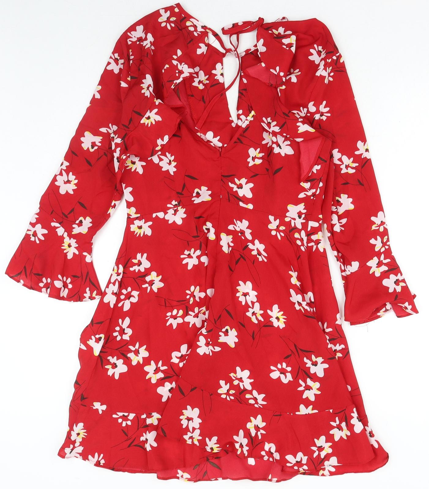 Boohoo Womens Red Floral Polyester Fit & Flare Size 10 Round Neck Zip