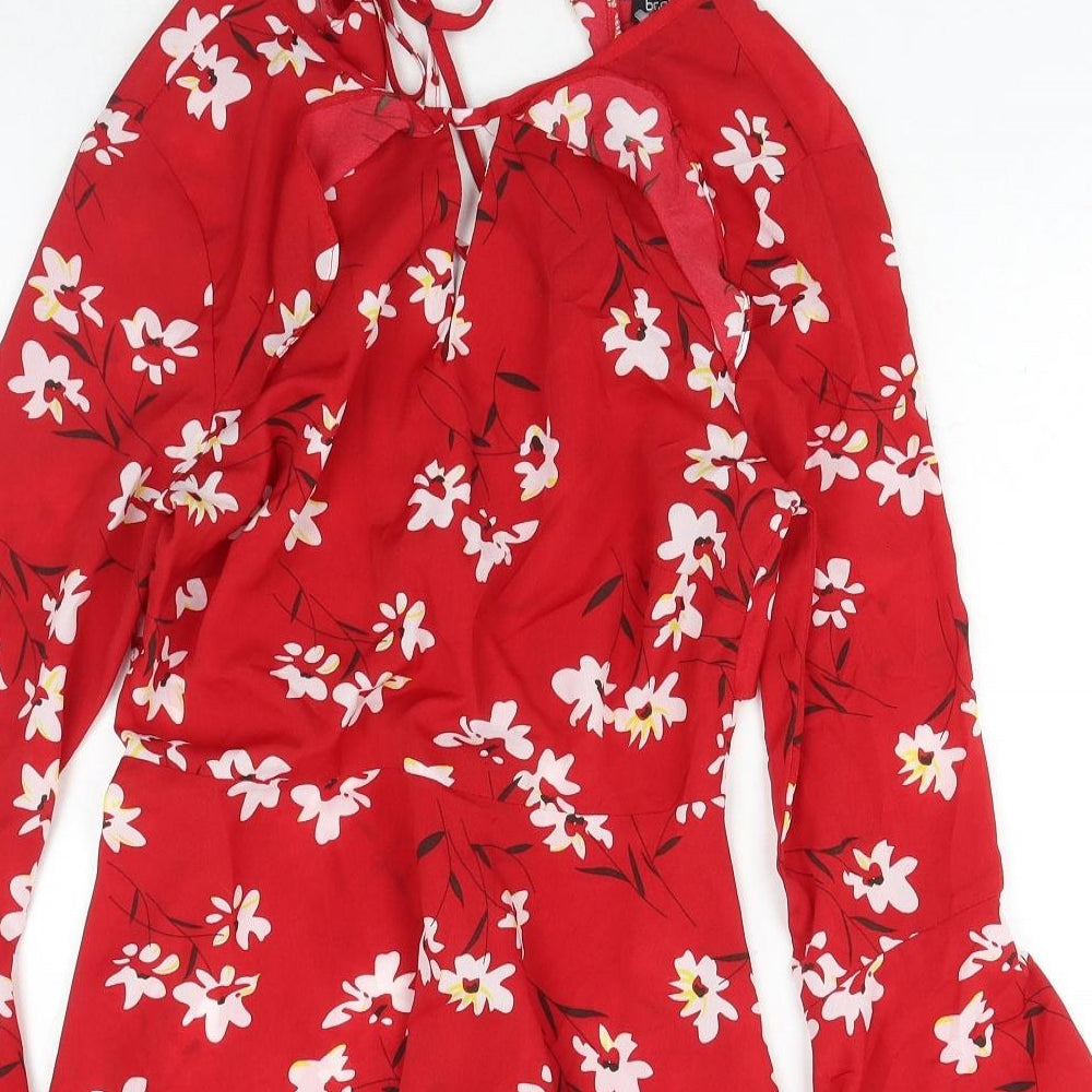 Boohoo Womens Red Floral Polyester Fit & Flare Size 10 Round Neck Zip