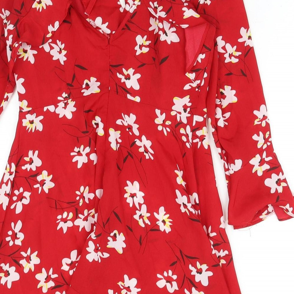 Boohoo Womens Red Floral Polyester Fit & Flare Size 10 Round Neck Zip