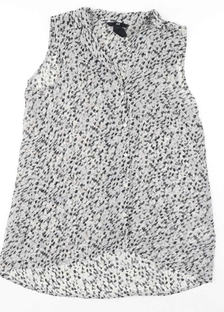 H&M Womens Grey Geometric Polyester Basic Button-Up Size 6 Collared