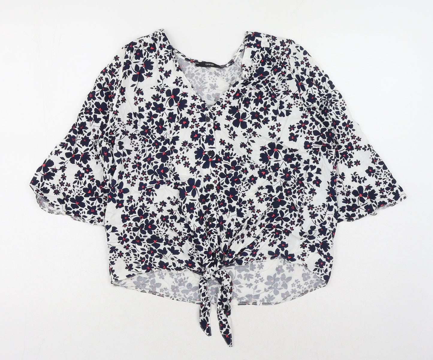 George Womens White Geometric Viscose Basic Blouse Size 12 V-Neck