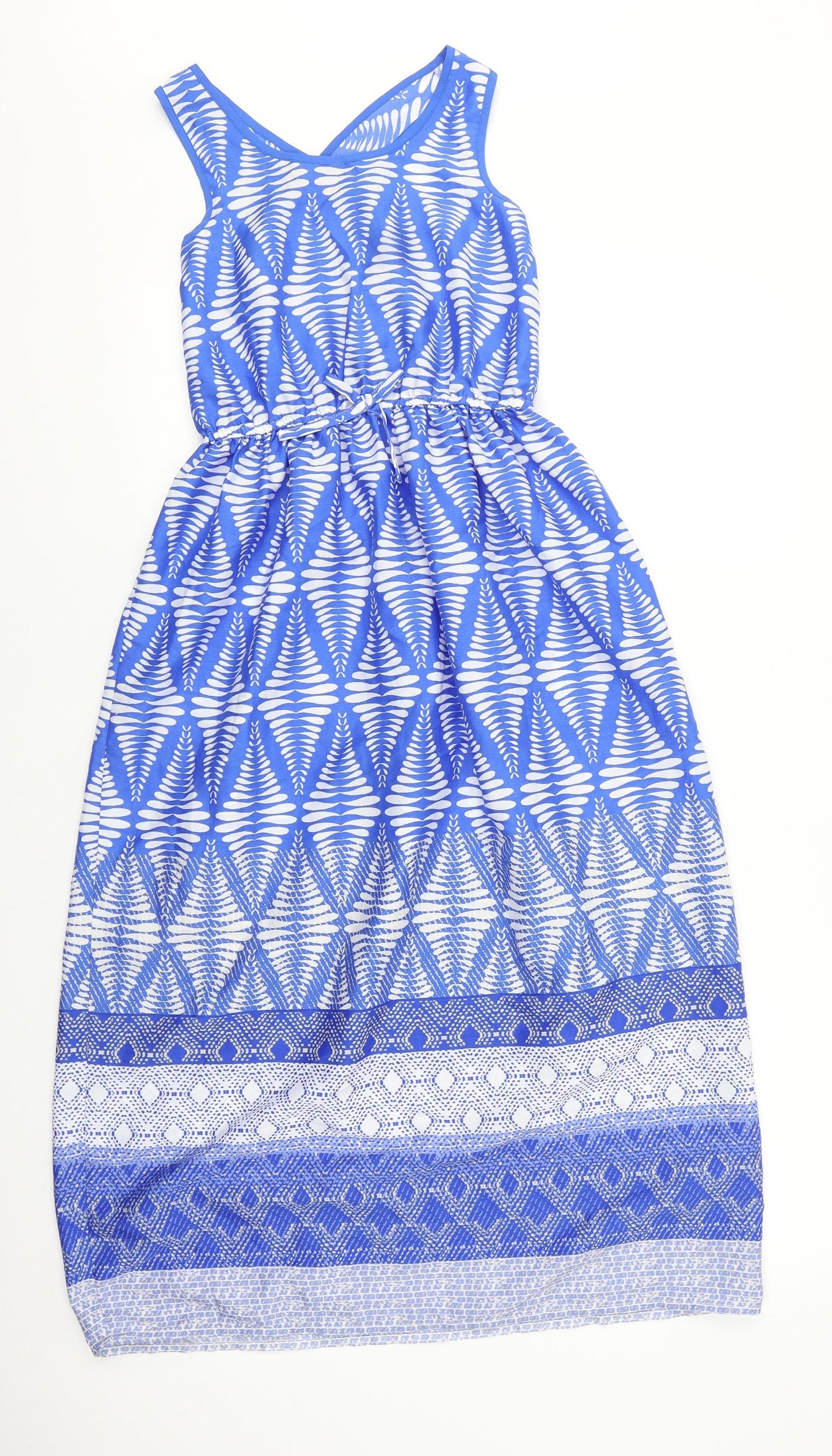Young Dimension Girls Blue Geometric Polyester Fit & Flare Size 9-10 Years Scoop Neck Pullover