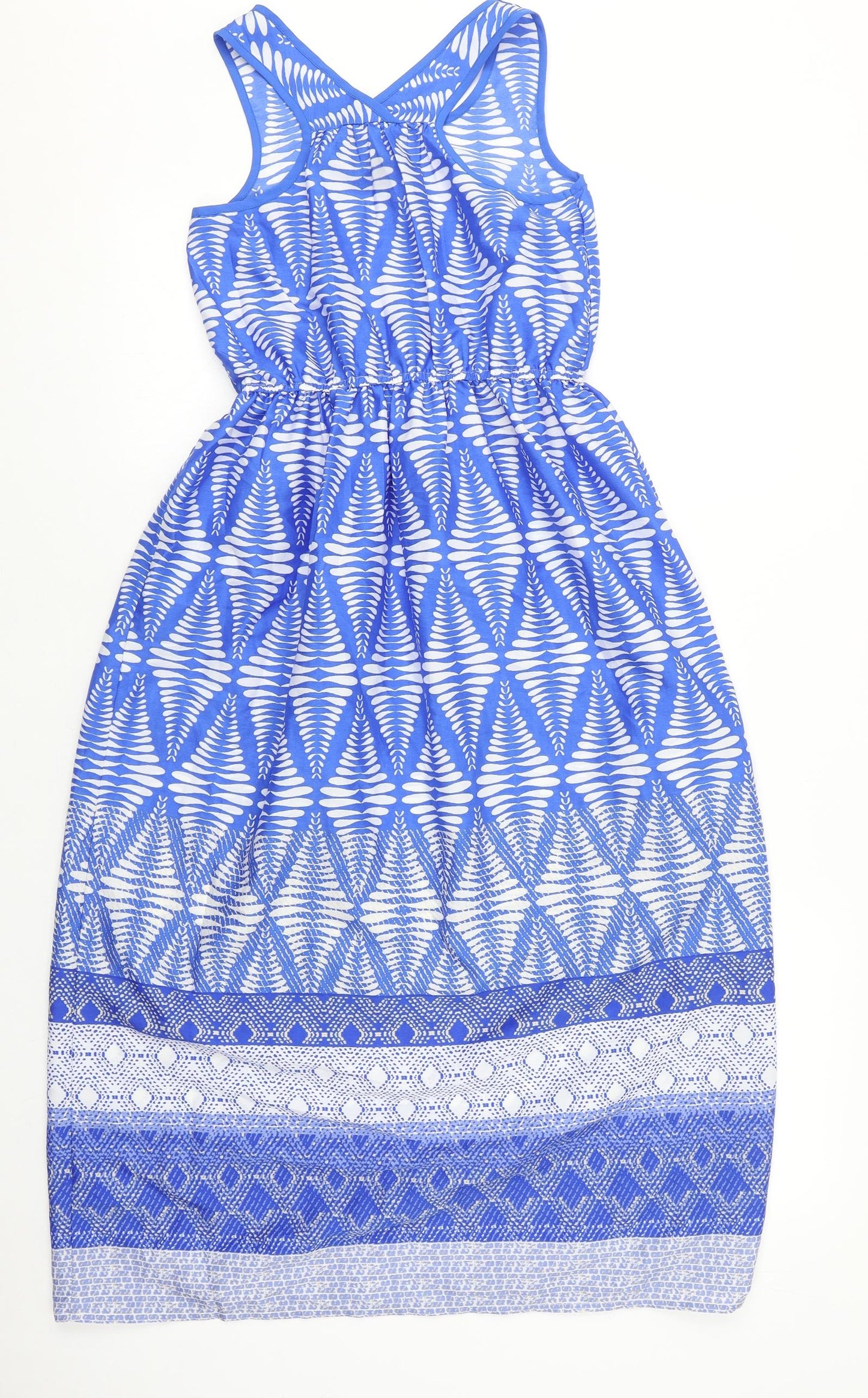 Young Dimension Girls Blue Geometric Polyester Fit & Flare Size 9-10 Years Scoop Neck Pullover