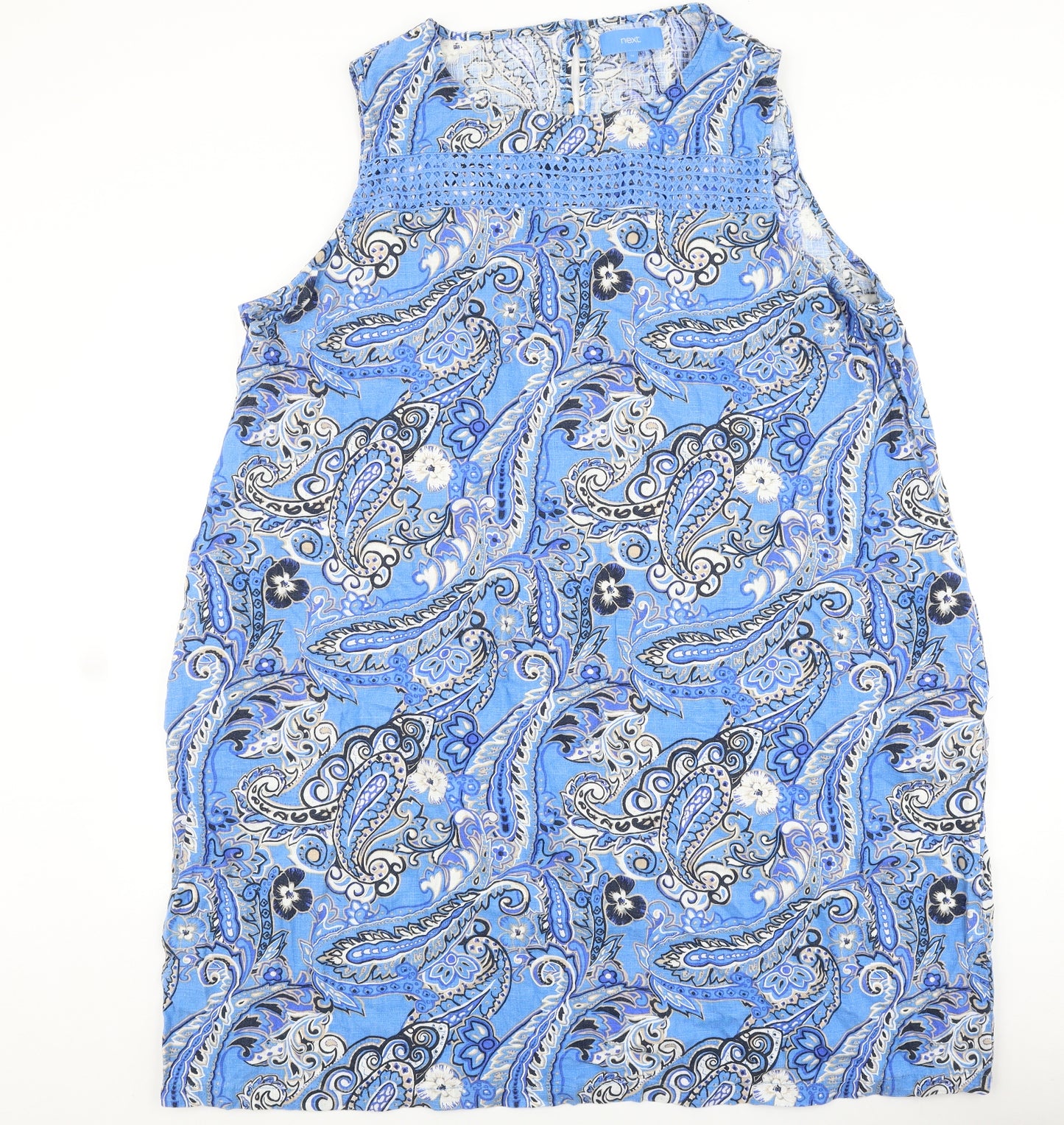 NEXT Womens Blue Geometric Linen Basic Tank Size 26 Round Neck - Lace Detail