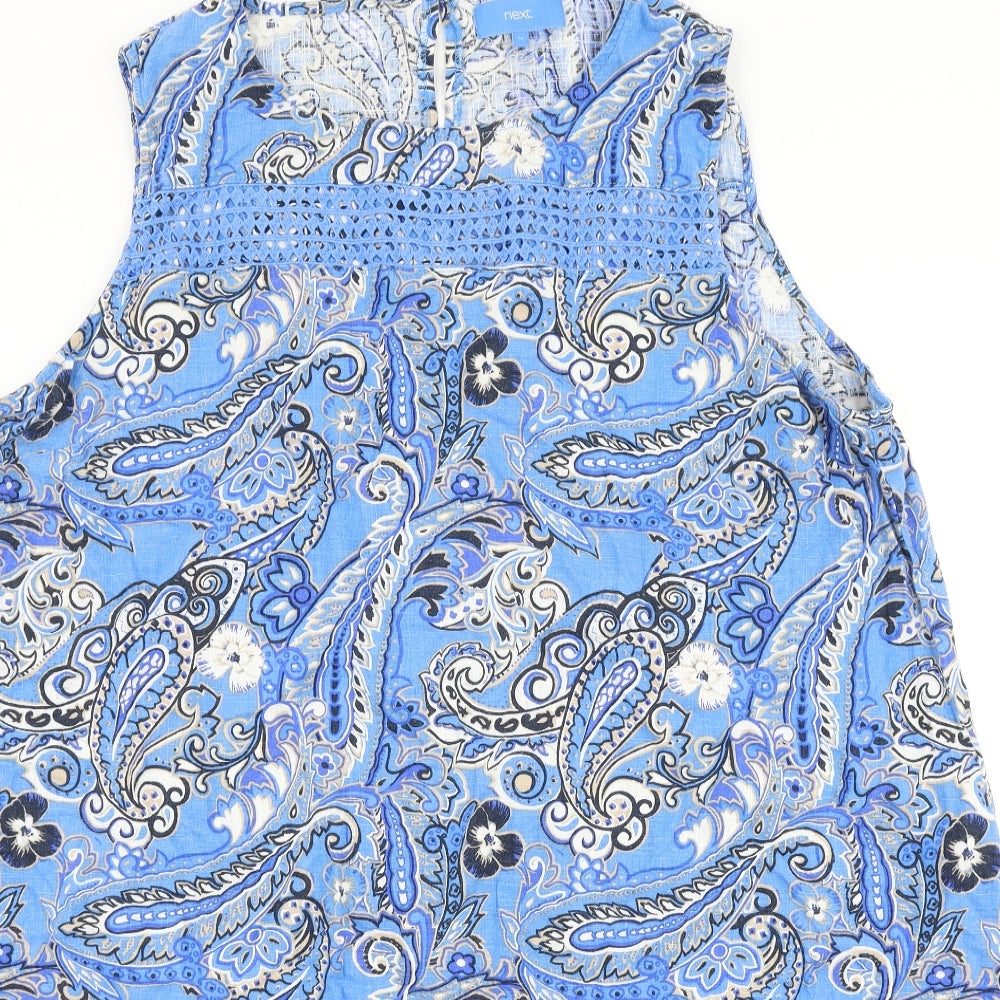 NEXT Womens Blue Geometric Linen Basic Tank Size 26 Round Neck - Lace Detail