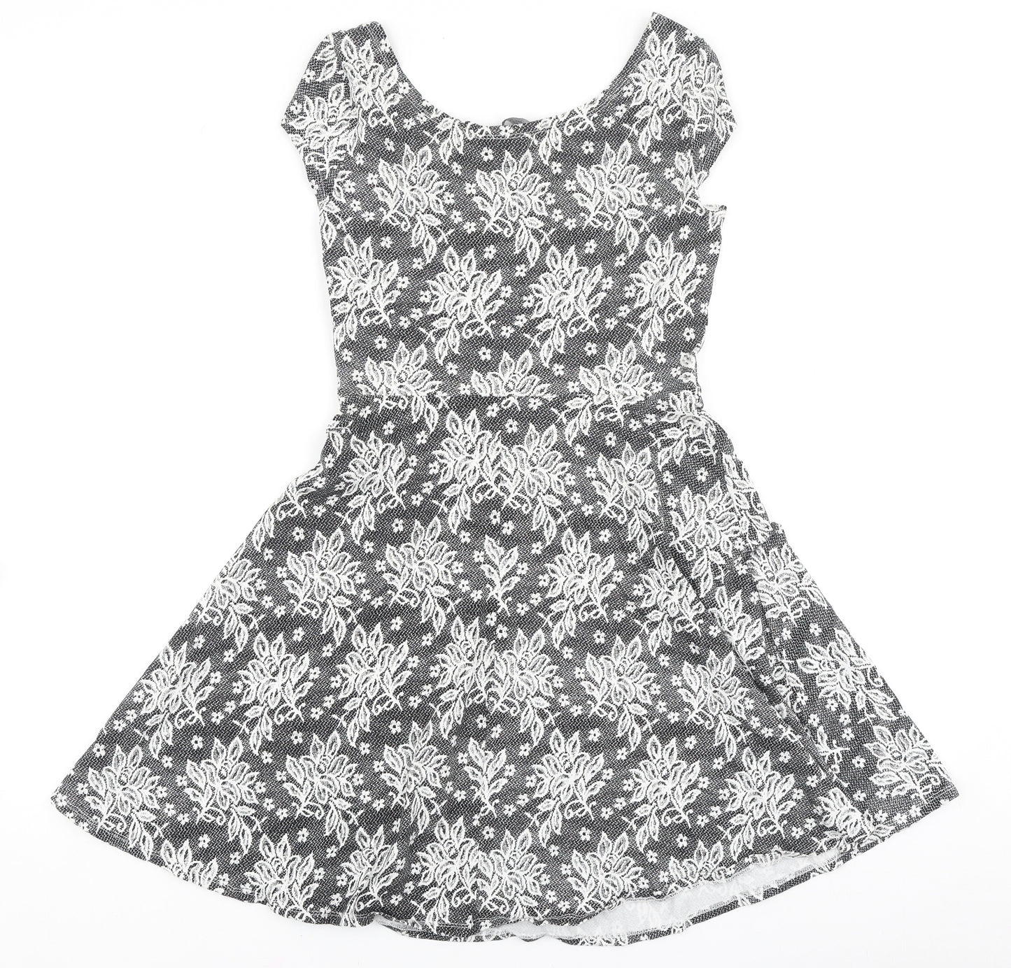 Dorothy Perkins Womens Black Geometric Viscose Skater Dress Size 12 Boat Neck Pullover