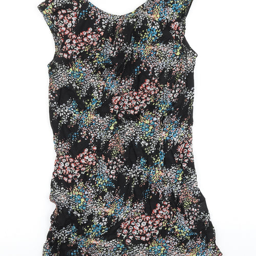 Warehouse Womens Black Floral Viscose A-Line Size 12 Scoop Neck Zip