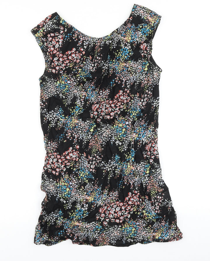 Warehouse Womens Black Floral Viscose A-Line Size 12 Scoop Neck Zip