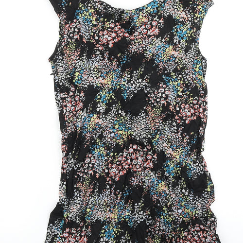 Warehouse Womens Black Floral Viscose A-Line Size 12 Scoop Neck Zip