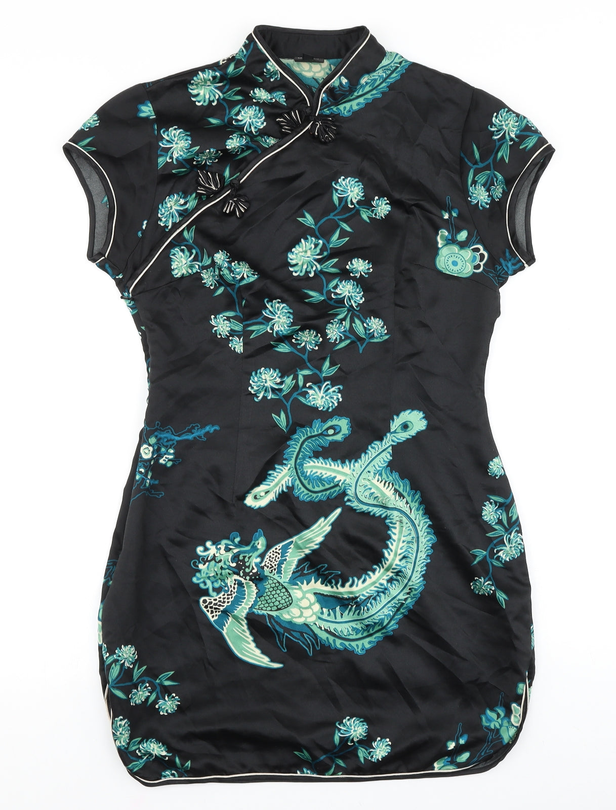 Topshop Womens Black Geometric Polyester Mini Size 12 Round Neck Snap - Chinese Dragon