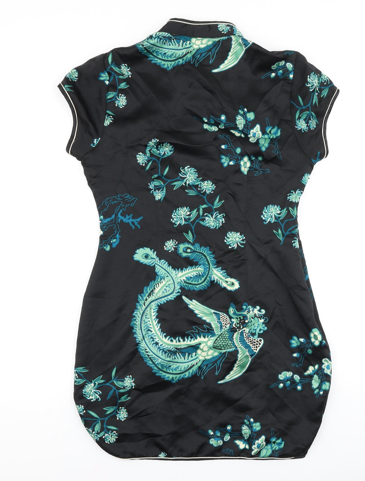Topshop Womens Black Geometric Polyester Mini Size 12 Round Neck Snap - Chinese Dragon