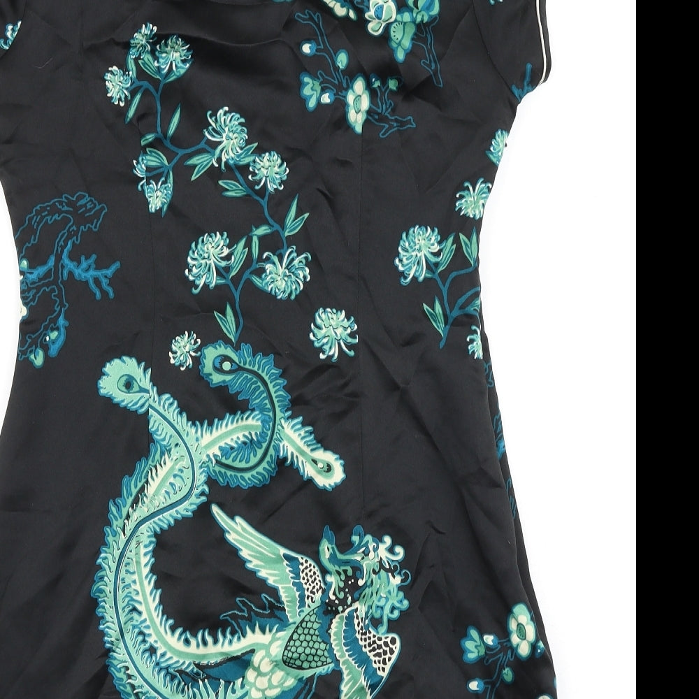 Topshop Womens Black Geometric Polyester Mini Size 12 Round Neck Snap - Chinese Dragon