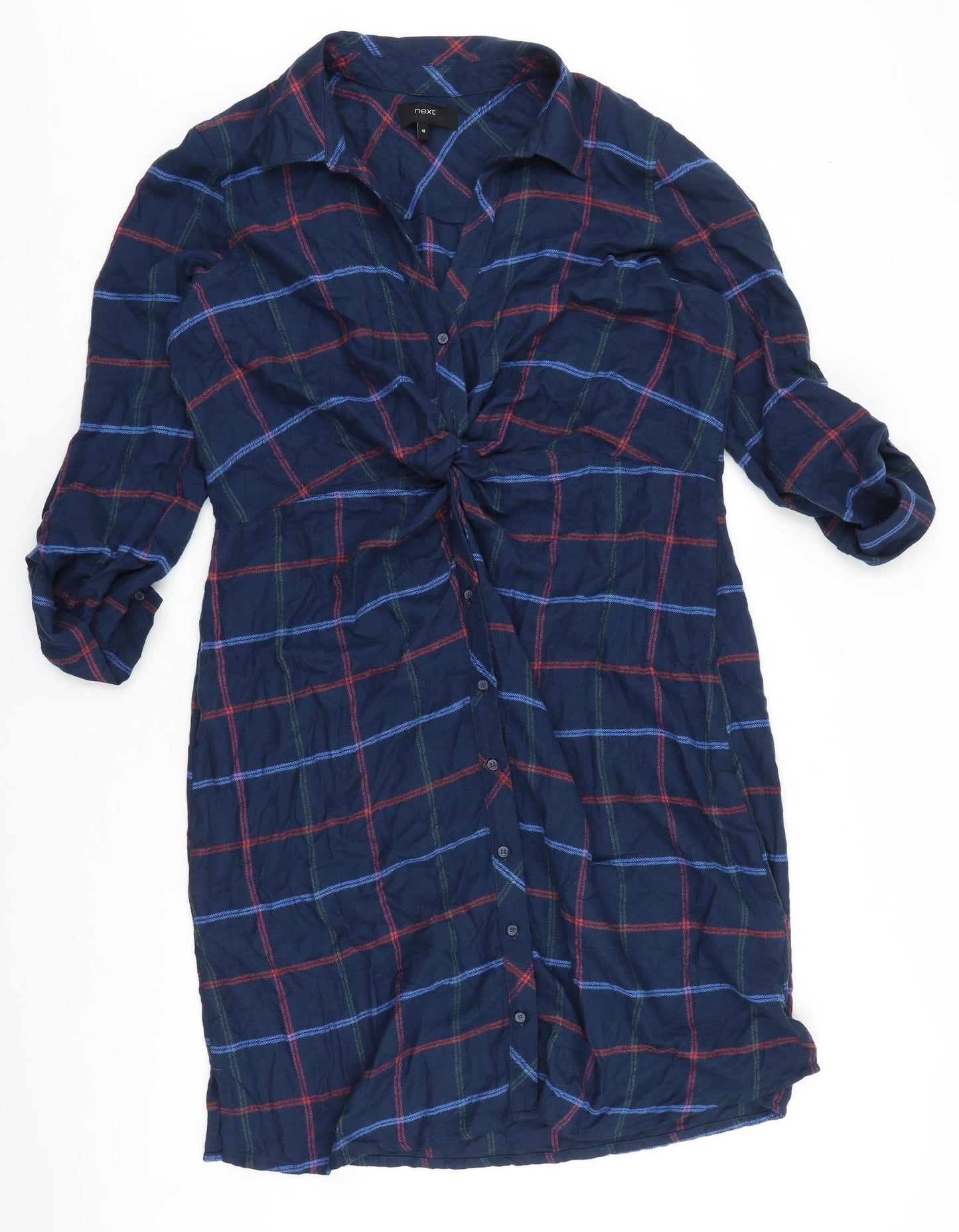 NEXT Womens Blue Plaid Viscose Shirt Dress Size 18 Collared Button