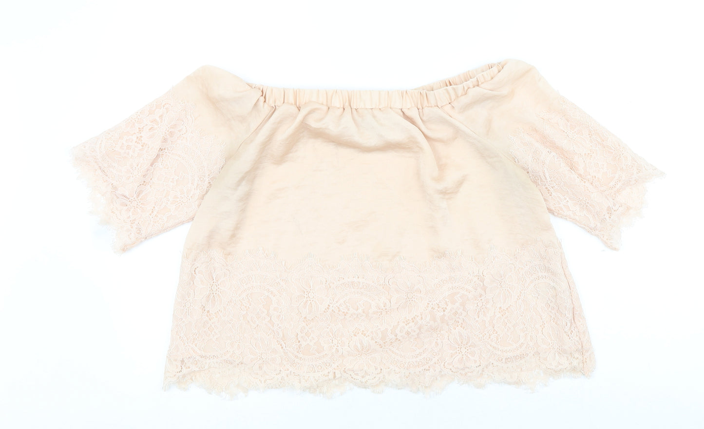 Very Petite Womens Pink Viscose Cropped Blouse Size 12 Boat Neck - Lace Detail