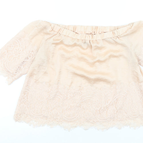 Very Petite Womens Pink Viscose Cropped Blouse Size 12 Boat Neck - Lace Detail
