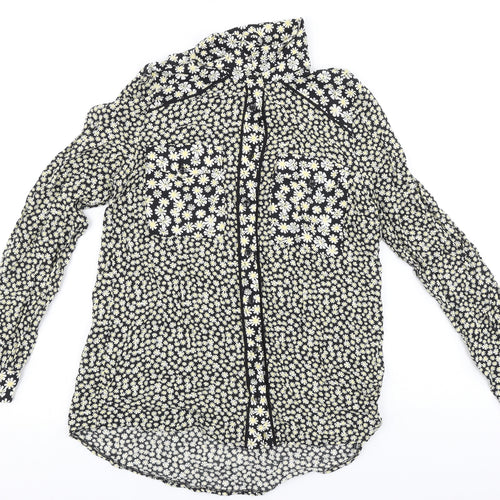 TU Womens Black Floral Viscose Basic Button-Up Size 8 Collared