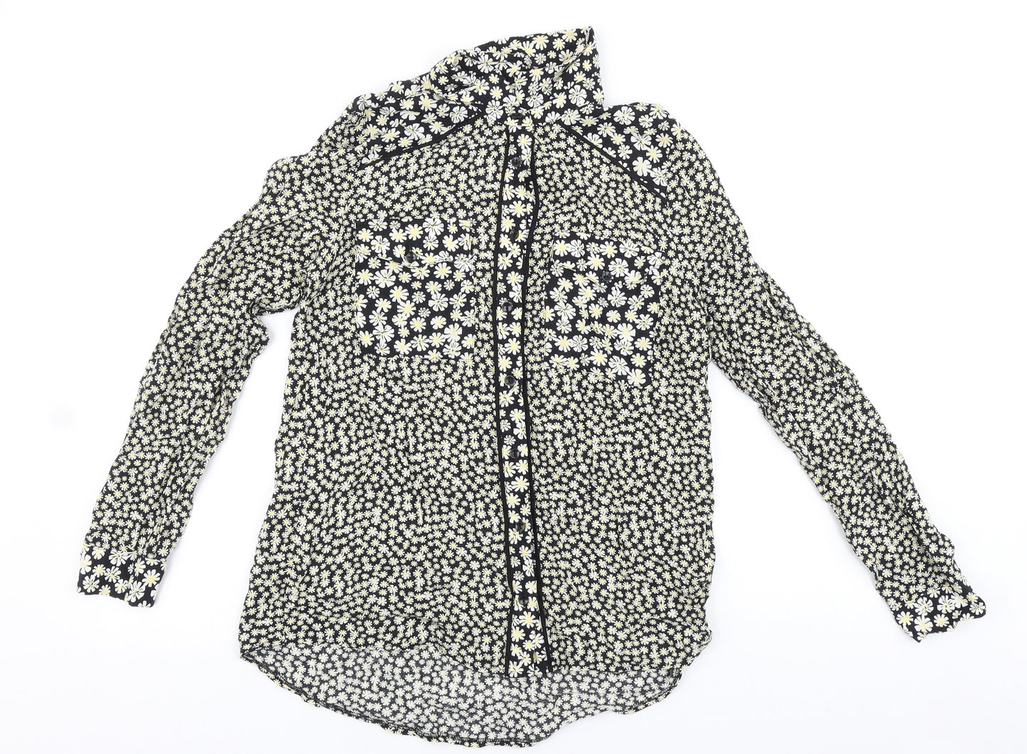 TU Womens Black Floral Viscose Basic Button-Up Size 8 Collared