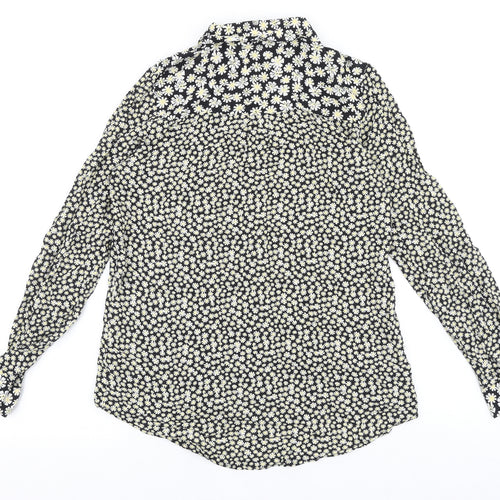 TU Womens Black Floral Viscose Basic Button-Up Size 8 Collared