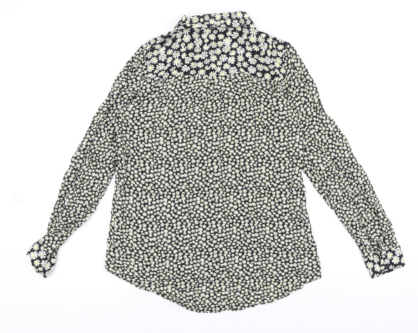 TU Womens Black Floral Viscose Basic Button-Up Size 8 Collared